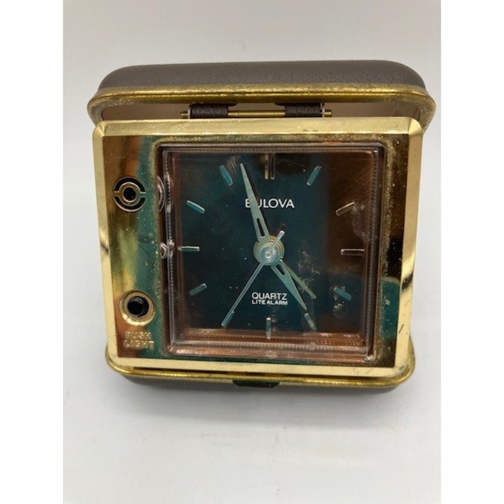 Vintage Bulova Quartz Lite‎ Alarm Travel Clock Brown Gold Tone Works 3"x2"x1"